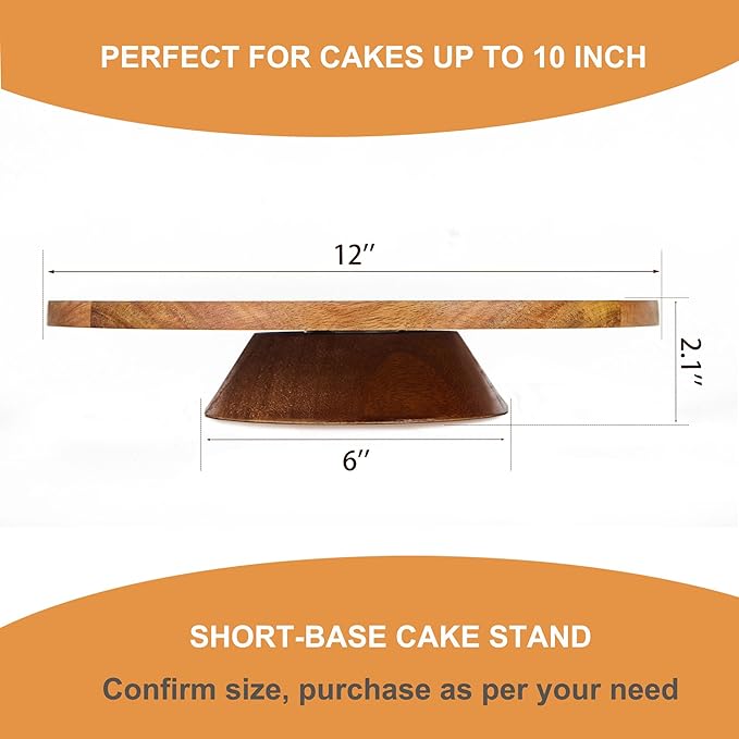 12" Acacia Wood Revolving Cake Stand, 2" High Turntable for Cake