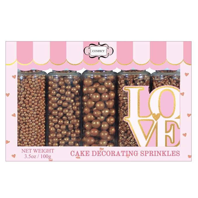 Confect Bronze Sprinkles – Beach Dayout Edible Sprinkle Mix | Assorted 5-Pack with Bronze Dragees, Jimmies & Sparkling Sugar | Celebration Cake & Cupcake Decorating Topping | Vegan, Gluten-Free – 5 Oz