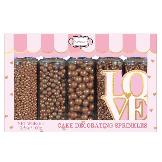 Confect Bronze Sprinkles – Beach Dayout Edible Sprinkle Mix | Assorted 5-Pack with Bronze Dragees, Jimmies & Sparkling Sugar | Celebration Cake & Cupcake Decorating Topping | Vegan, Gluten-Free – 5 Oz