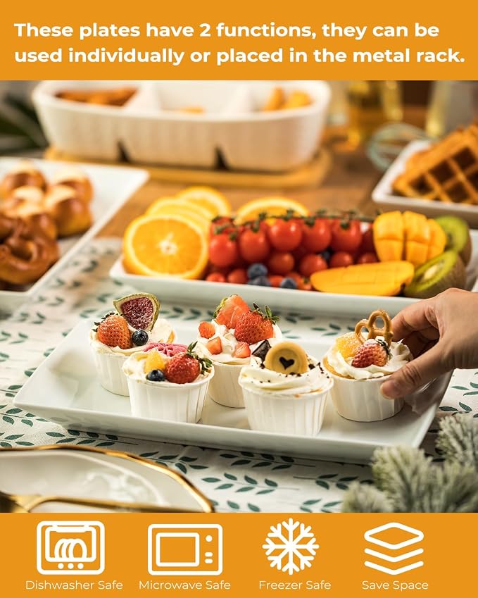 LAUCHUH 3 Tier Serving Tray for Party, Porcelain Tiered Serving Tray Stand Collapsible Sturdier Metal Rack Fruit Tray with 2 Cross Bars for Father's Day Dessert Party Display Set, 12 Inch, Bronze