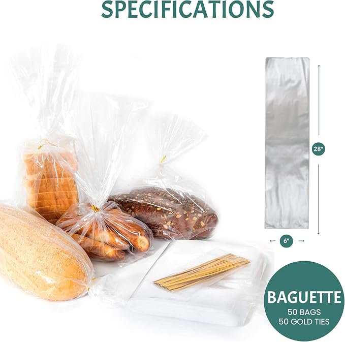 Plastic Bread Bags for Homemade Bread (6x28 inch) - Clear Baguette Bag with Ties For An Airtight Moisture-free Preservation and Storage