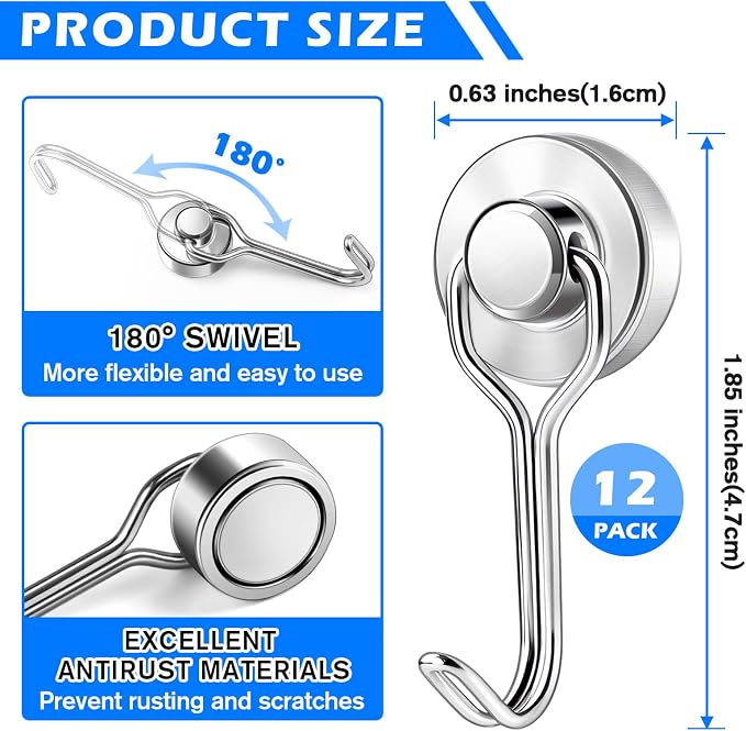 Measuring Cup and Spoon Organizer, 12 Pack 30lbs Strong Magnetic Hooks Hanging Cups and Spoons, Magnetic Kitchen Hooks Utensil Hanger Holder for Refrigerator, Cruise Cabins, Garage Silver
