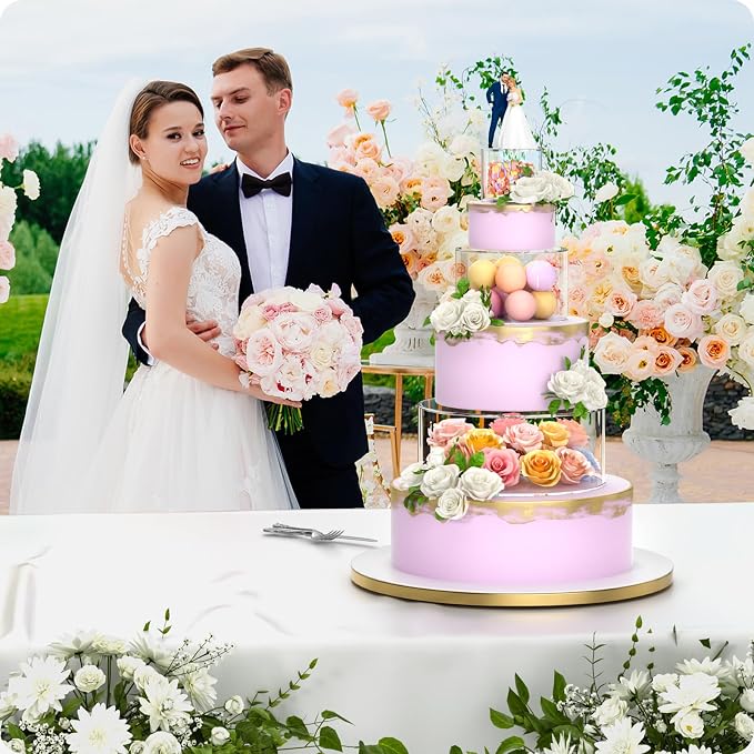 NPPLUS 3PCS Clear Acrylic Cake Stand, Fillable Cake Box Riser Cake Tier, Round Cake Display Box with Lid, Decorative Centerpiece Box for Wedding Birthday Party (12" Dx4 H,8" Dx4 H,4" Dx4 H