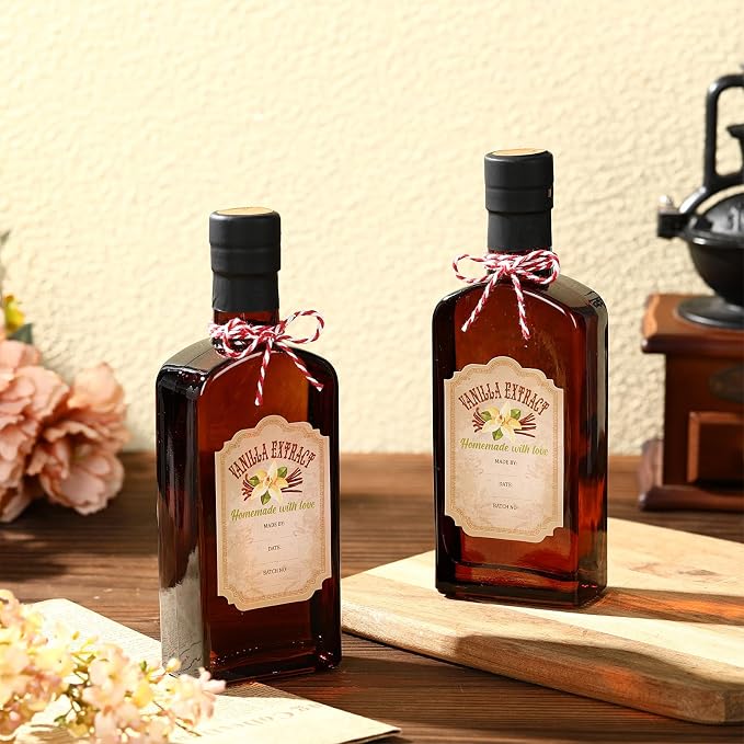 Suclain 8 Pack 8.5 oz Amber Glass Bottle for Vanilla Extract Homemade, Brown Vanilla Extract Bottles with Airtight Lid and Stickers for Syrup Gift Food Storage Canister Christmas Small Gift(Black)