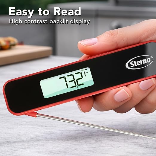 Sterno Digital Meat Thermometer for Cooking - Instant Read Food Thermometer with Motion Activated Auto-Wake, IPX5 Waterproof, Backlit Auto-Rotating Display & Internal Magnet for Grill, BBQ, Air Fryer