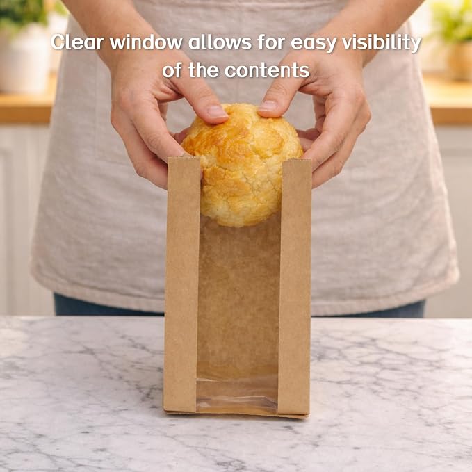 WIKDAY Bakery Bags with Window 100PCS Paper Cookie Bags Small Pastry Bags for Baked Goods Gift Giving Snack Treat Desert Packaging Storage Includes 100PCS Label Seal Stickers 3.5x2.3x7.5in
