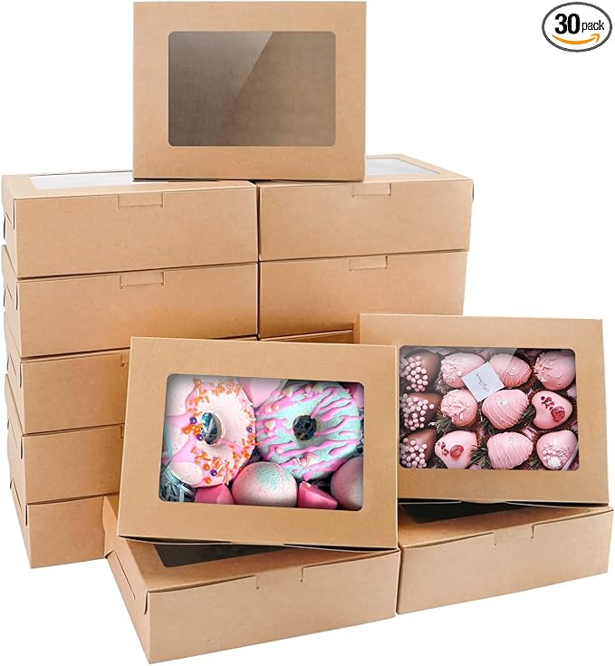 8x6x2.5 Inches 30pcs Brown Bakery Boxes with Window, Cookie Boxes for Gift Giving, Treat Boxes for Pastries, Donuts, Cupcakes, Wedding Dessert and Birthday Party.