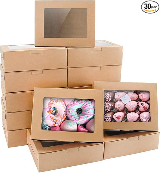 8x6x2.5 Inches 30pcs Brown Bakery Boxes with Window, Cookie Boxes for Gift Giving, Treat Boxes for Pastries, Donuts, Cupcakes, Wedding Dessert and Birthday Party.