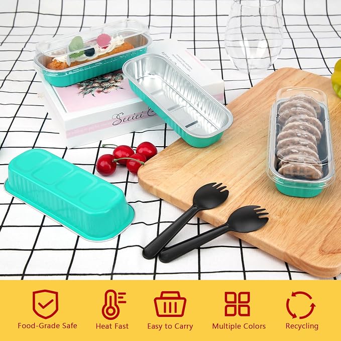 LNYZQUS Mini Cake Pans with Lids 100 Pack,Individual Foil Baking Tins,Disposable Mini Loaf Pans Small Cakes Tin Cupcake Containers for Bakery Bake Sale-Cyan Blue,6.8oz