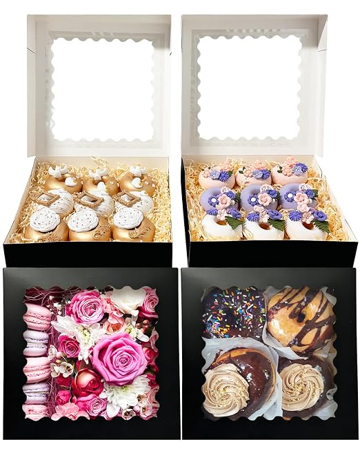 Bakepacker 90pcs Black Pie Boxes 8x8x2.5 inches Easy Assemble Macaroon Cookie Boxes Bakery Boxes with Window for Bakery (Auto-pop Up)