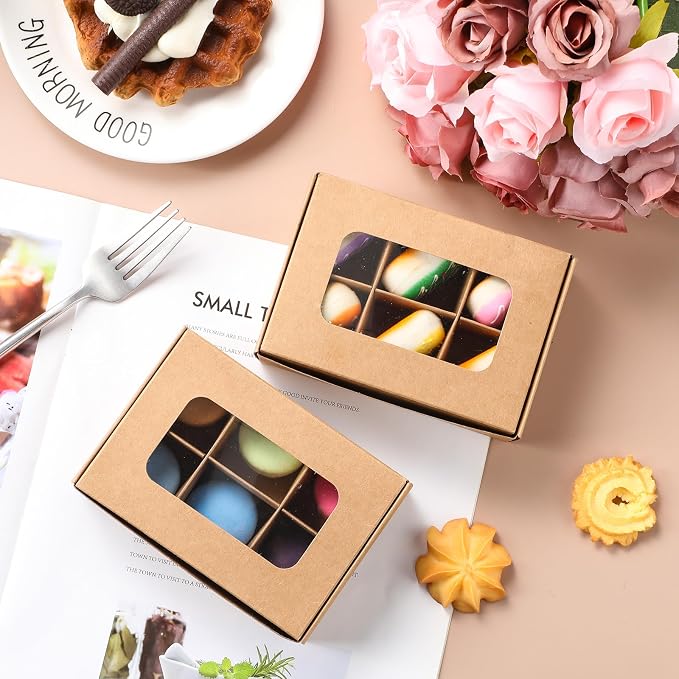 50 Pcs Kraft Treat Boxes with Window and Dividers, Empty Candy Truffle Baking Boxes, Square Cupcake Cookies Containers for Wedding Gift Giving (5 x 3.54 x 1.57 Inches,Brown)