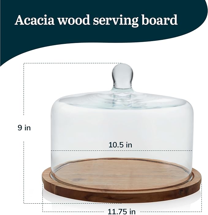 Libbey Acacia Wood Cake Stand with Lid, Ball Top Handle Cake Holder with Lid, Covered Pastry Holder, Durable Glass Dome Cover