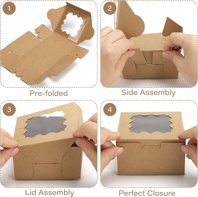 LotFancy 60 Pcs Brown Bakery Boxes with Window, 4x4x2.5 Inches, Small Cookie Boxes, Mini Treat Boxes for Mini Cake, Dessert, Macarons, Chocolates Donuts, Pastries