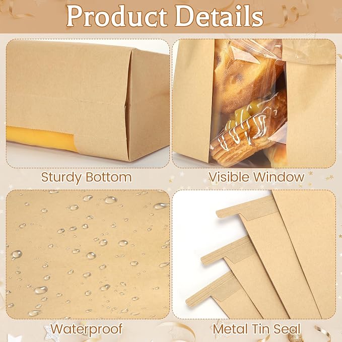 130 Pack Homemade Bread Sourdough Bags, 14" x 8.3" x 3.5" Large Bakery Bread Bag with Tin Tie Tab Lock Clear Window Stickers for Storage of Bread Cookies Snacks
