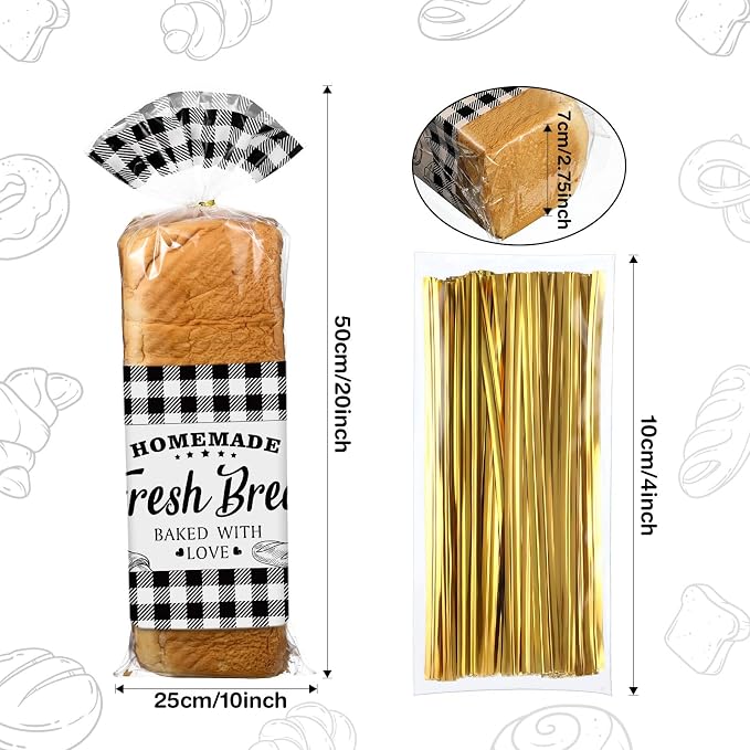 Containlol 100 Pack Bread Bags for Homemade Bread with Twist Ties, Clear Plastic Bakery Bags with Black Buffalo Plaid Design for Sourdough, Cookies, Rolls, Home Bakers Gift Packaging