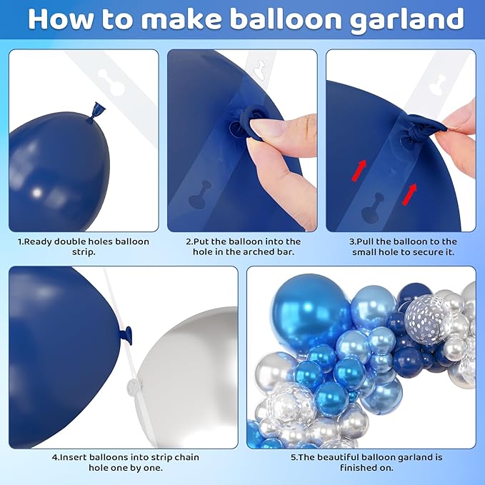 Amandir 153pcs Blue and Silver Balloon Garland Arch Kit, Different Sizes 18 12 10 5 inch Royal Navy Blue Latex Metallic Confetti Balloons for Graduation Wedding Shower Birthday Party Decorations