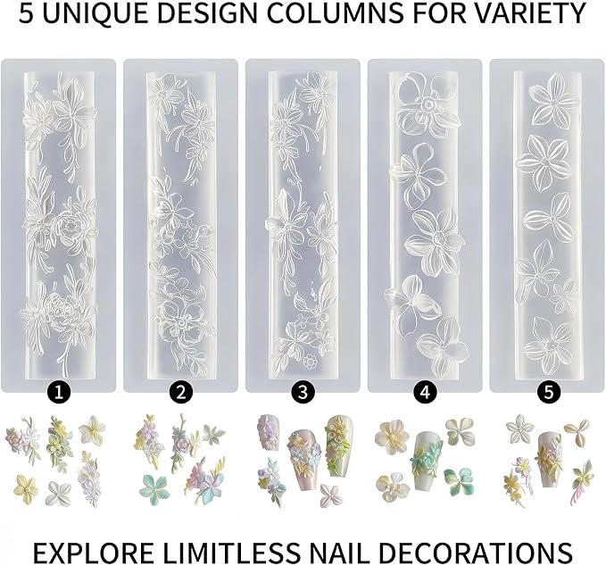 Flower Nail Art Silicone Mold, 3D Floral Nail Charms Mold with Leaves & Vine Designs, Flexible Reusable Silicone Mold for Acrylic Gel Resin Nail Decoration, DIY Nail Accessories