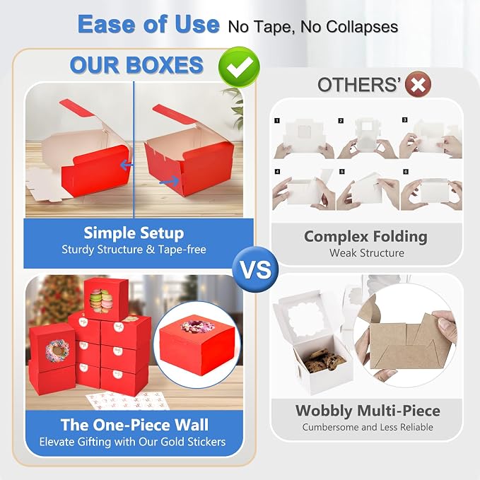 Shallive 4-Inch Small Cookie Boxes 25 Pcs Red - Bakery Treat Boxes with Window for Christmas Holiday Gifting, To-go Tins for Cake Slice, Macarons, Donuts