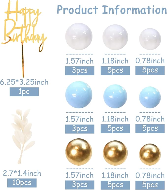 Blue Balls Cake Topper Boho Grass Cake Topper Blue White Gold Pearl Balls Happy Birthday Cake Decorations for Wedding Birthday Boho Themed Supplies (Blue)