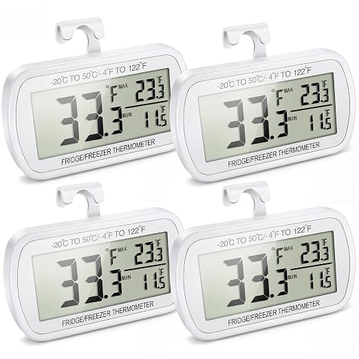 Waterproof Refrigerator Fridge Thermometer, Digital Freezer Room Thermometer, Max/Min Record Function Large LCD Screen and Magnetic Back for Kitchen, Home, Restaurants (4 Pack)