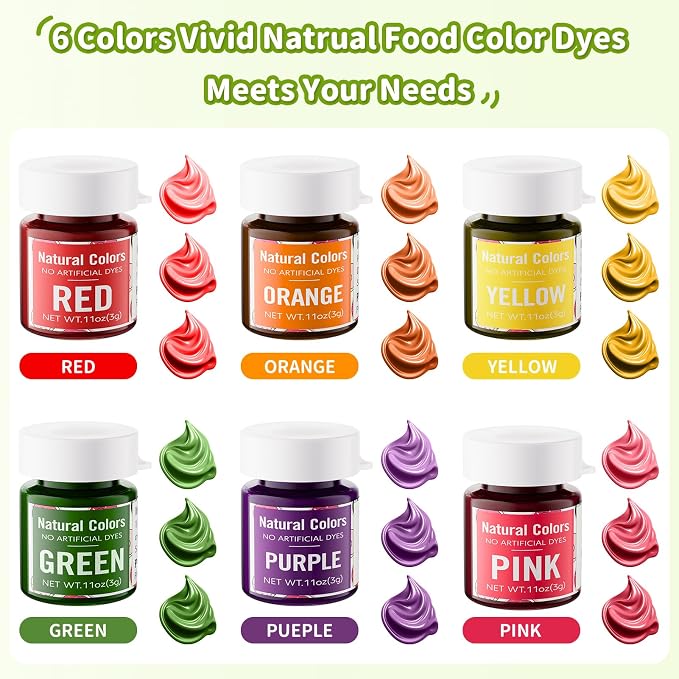 Natural Food Coloring Powder Set - No Artifical Dyes, Vivid Powder Food Color Dye, Water Based All Nature Colorants for Cake, Frosting, Cookies, Baking, Red Green Pink Purple Orange Yellow,3g/Jar