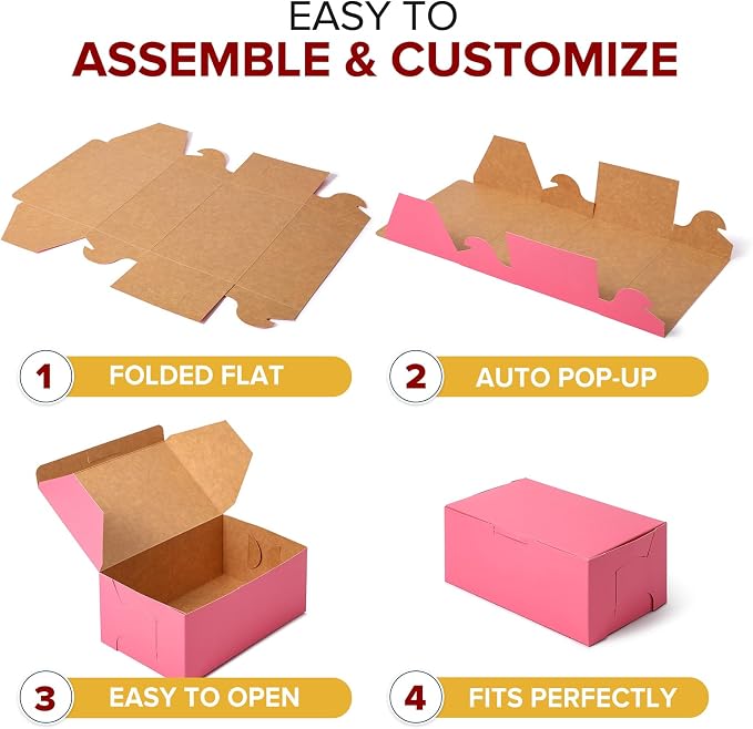 Fit Meal Prep [25 Pack] Pink Bakery Boxes 8x5x3.5 Pastry Box for Cupcakes, Desserts, Cookies, Candies - Ideal Packaging for Bakeries and Home-made Baked Favors, and Gifts