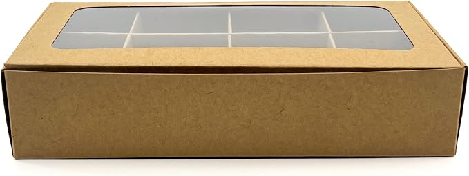 20pcs Kraft Treat Boxes with Window and Dividers | 8 SMALL compartments | 8.75 x 4.5 x 1.9 in | Chocolate-covered strawberries supplies, macaron boxes, baked goods packaging