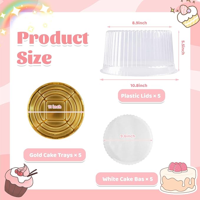 NPLUX 10 Inch Plastic Cake Carriers Gold Cake Containers with Lid and White Cake Boards, Clear Cupcake Holder for 1-2 Layer Cheesecake, Bakery Supplies, Graduation Gifts Party Favors(5 Pack)