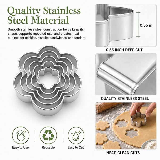 15-Piece Stainless Steel Cookie Cutters Set, Flower Heart & Star Shapes in 5 Sizes Each, Reusable Metal Baking Molds for Cookies, Fondant, Cakes, Pie Crusts, Sandwiches, Fruit, Cheese & DIY Crafts