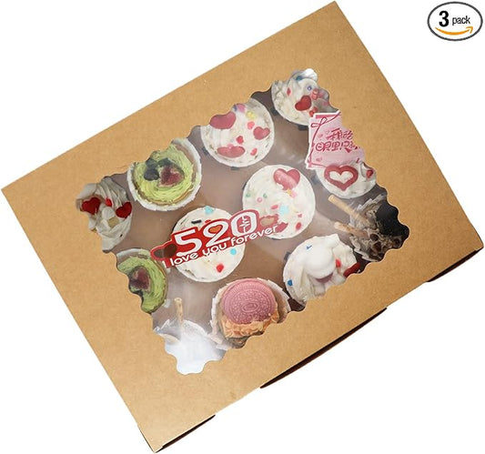 3-Set Cupcake Boxes Bulk with Clear Display Window Hold 12 Standard Cupcakes, Disposable Food Grade Brown Cupcake Carrier Cupcake Container, Perfect for Cupcakes Muffins Cookies Pastries