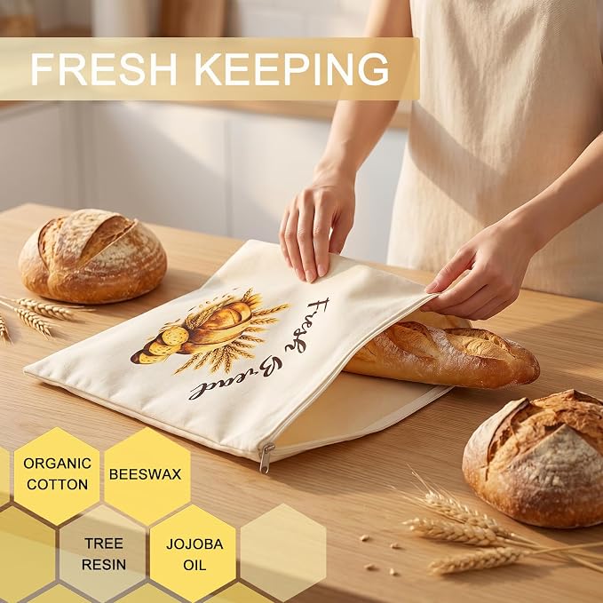 Reusable Beeswax Bread Bags for Homemade Bread Sourdough 2 Pack, 13"x17" Eco-Friendly, Natural Organic Cotton Sourdough Bag with L-shaped Zipper for Easy Loading and Cleaning
