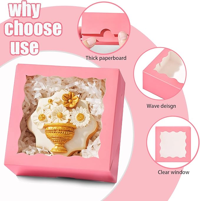 50-Count 4x4x2 Inches Food-Safe Pink Bakery Boxes - Multi-Use Pastry & Treat Packaging for Cookies, Truffles & Wedding Favors (Stackable Gift Boxes for Cakes, Pies & Cinnamon Rolls)