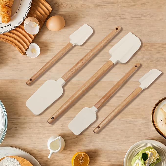 Uenhoy 5 Pack Silicone Spatula Set, Non-stick Wooden Handle Rubber Spatulas for Baking Cooking Frosting, 600°F Heat Resistant, Off White