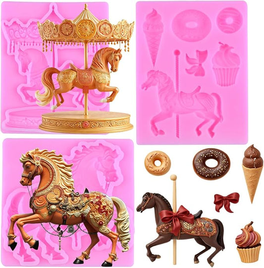 Carousel Horse Silicone Fondant Molds 3D Merry-Go-Round Chocolate Mold For Carousel Party Cake Decoration Cupcake Topper Candy Polymer Clay Chocolate Gum Paste Set Of 3