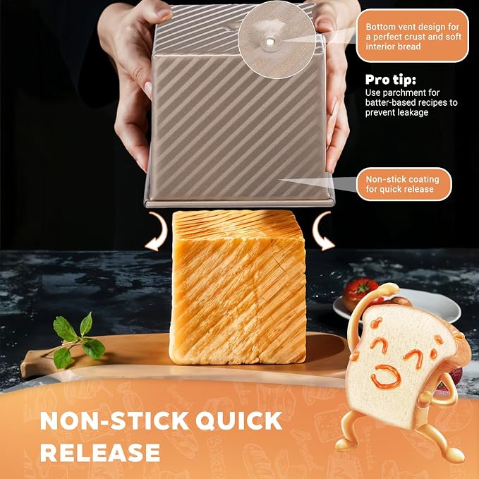 2 Pcs Square Nonstick Square Loaf Pan With Lid, 4.53 x 3.94 x 4.33 inch Mini Toast Box for Home Baking, Mini Cube Toast Box Ideal Baking Set Gift