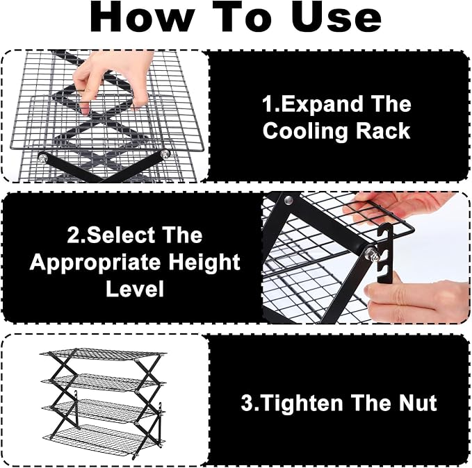 4 Tier Cooling Rack Adjustable Stackable Non-Stick Wire Rack Stainless Steel Baking Racks with Leak-Proof Mesh X-Shaped Structure for Roasting Cooking Cookies Cakes Drying Picnic Party
