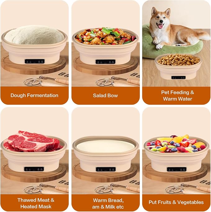 Electric Heating Bread Proofing Basket, 2L Large Capacity Electric Thermostatic Silicone Batter Bowl, Auto Warming On/Off, Collapsible Design, Perfect for Sourdough Starter & Artisan Baking