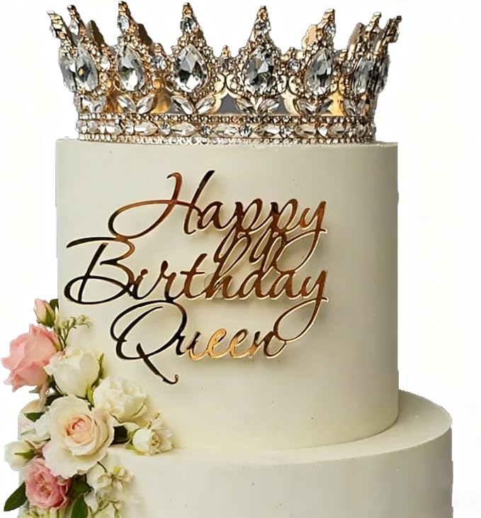 Happy Birthday Queen Cake Topper, Acrylic Gold Queen Birthday Cake Decoration for Women Girls Wedding Birthday Engagement Bridal Shower Party Supplies (GOLD1)