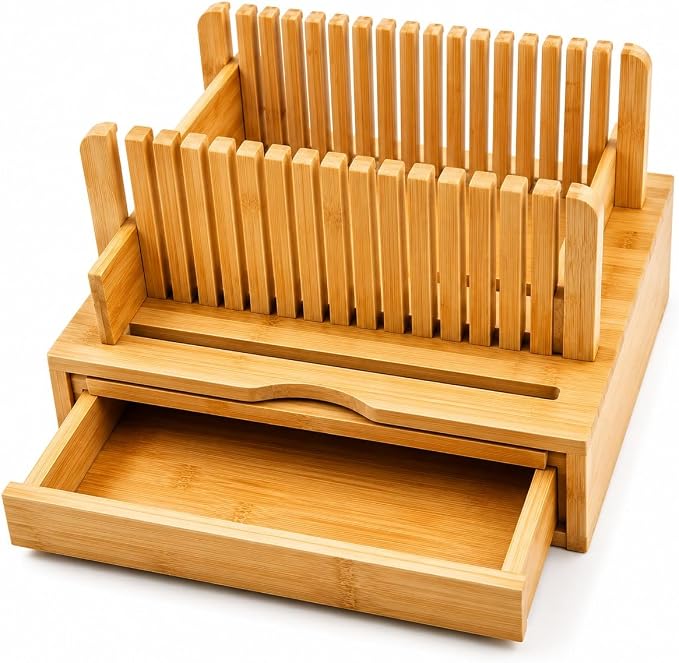 Bamboo Bread Slicer with Crumb Catcher Tray, Adjustable Slicing Guide and Knife Storage Drawer - Even Slice Loaf Cutter