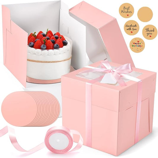 24Pcs 8x8x8 Inch Cake Boxes, 12pcs Pink Bakery Boxes with Window (12pcs Cake Boards), Square Cake Carrier Container Disposable Pie Boxes Package for Bake Decorating Supplies