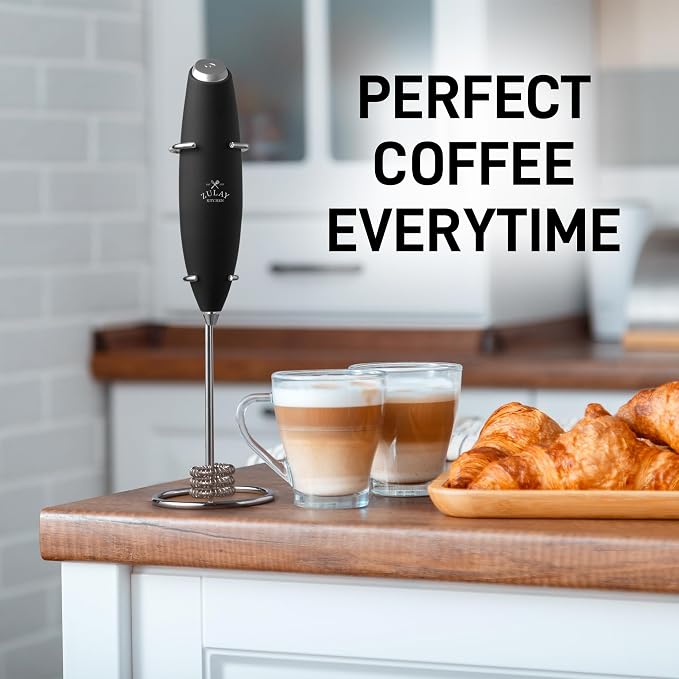 Zulay Kitchen Powerful Milk Frother Wand With Duracell Batteries - Ultra Fast Handheld Drink Mixer - Electric Whisk Foam Maker for Coffee, Lattes, Cappuccino & Matcha - Triple Whisk - Black