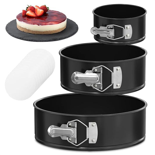 Spring Form Pan for Cheesecakes - Leak Resistant Springform Pan Set, Easy-Open Latch and Removable Bottom for Cake Lift, Nonstick Round Cake Pans Set 4 7 9 Inch, 60 Parchment Liners, Oven Safe to 450F