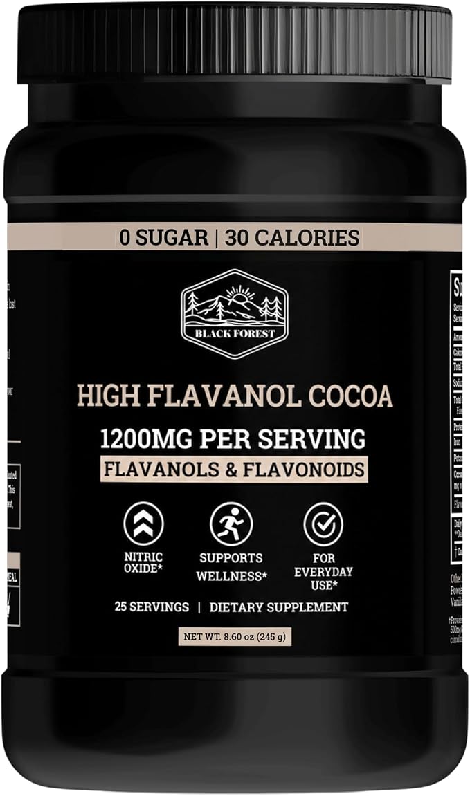Black Forest High Flavanol Cocoa Powder - 1200mg Flavanols & Flavonoids with 600mg Epicatechin - 10X Concentrated Dark Cocoa Extract for Nitric Oxide and Wellness Support - Non-GMO Vegan