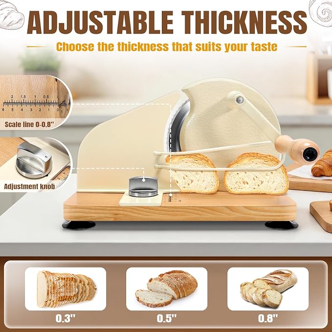 Manual Bread Slicer for Homemade Sourdough Bread, Hand Crank Bread Cutter with Scale Line & Suction Cup & Metal Guide, Sourdough Bread Slicer with Bread Bag, Adjustable Thickness & Evenly Slicing