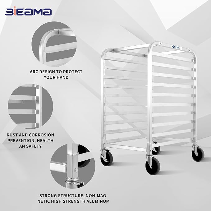 BIEAMA 10-Tier Full Size Sheet Pan Rack, NSF Aluminum Bun Pan Rack | Bakery speed Rack for Home Commercial Kitchen Bakery Cooling, 4 Wheels