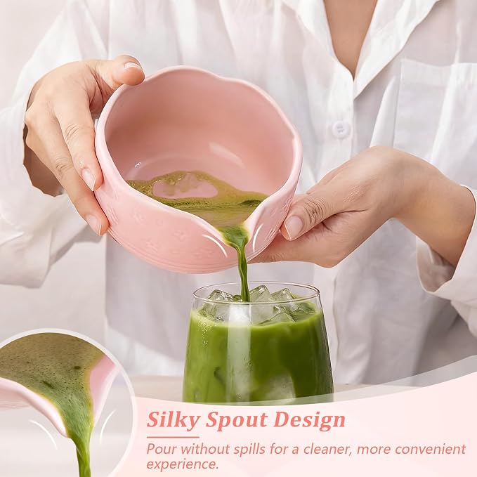 ALBISS Matcha Whisk Gift Set - 7Pcs Ceramic Matcha Kit with 18oz Bowl & Cherry Blossom Design, Bamboo Whisk & Holder, Scoop, Rest, Sifter, Towel, Elegant Japanese Tea Set for Women Macha Lovers, Pink