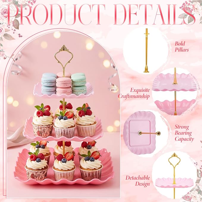 FoldTier 6 Pack Cupcake Stand Set 3 Pcs 3 Tier Gradient Dessert Table Display Stands Cookie Tray Rack 3 X14 in Rectangle Party Trays for Wedding Birthday Tea Party Baby Shower(Pink,Rectangle)