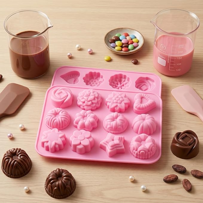 12 Cavity Flowers Silicone Chocolate Molds Flowers and Heart Shaped Mold For Chocolate Candy Set Of 2