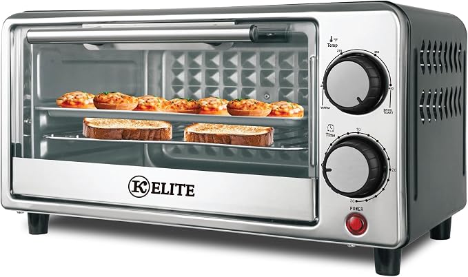 Kitchen Elite Toaster Oven, Compact Countertop Appliance with Bake Tray, Wire Rack, Adjustable Timer, and Temperature Control, Black