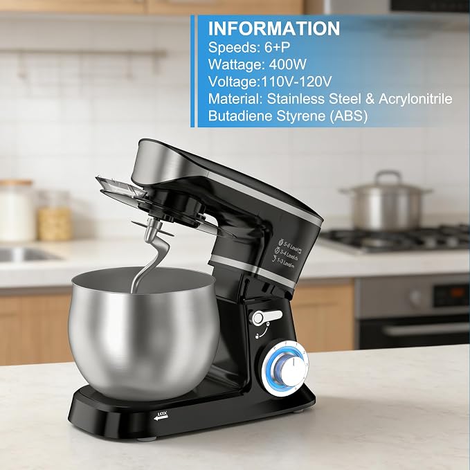 Electric Stand Mixer, Kitchen Mixer 6.5-Quart Tilt-Head, 6 Speeds with Dough Hook, Whisk, Beater, and Splash Guard, Stainless Steel Bowl for Baking
